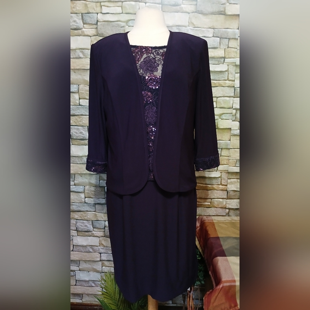 Maya Brooke 3/4 Sleeve Embroidered Jacket Dress Eggplant Size 14 Formal